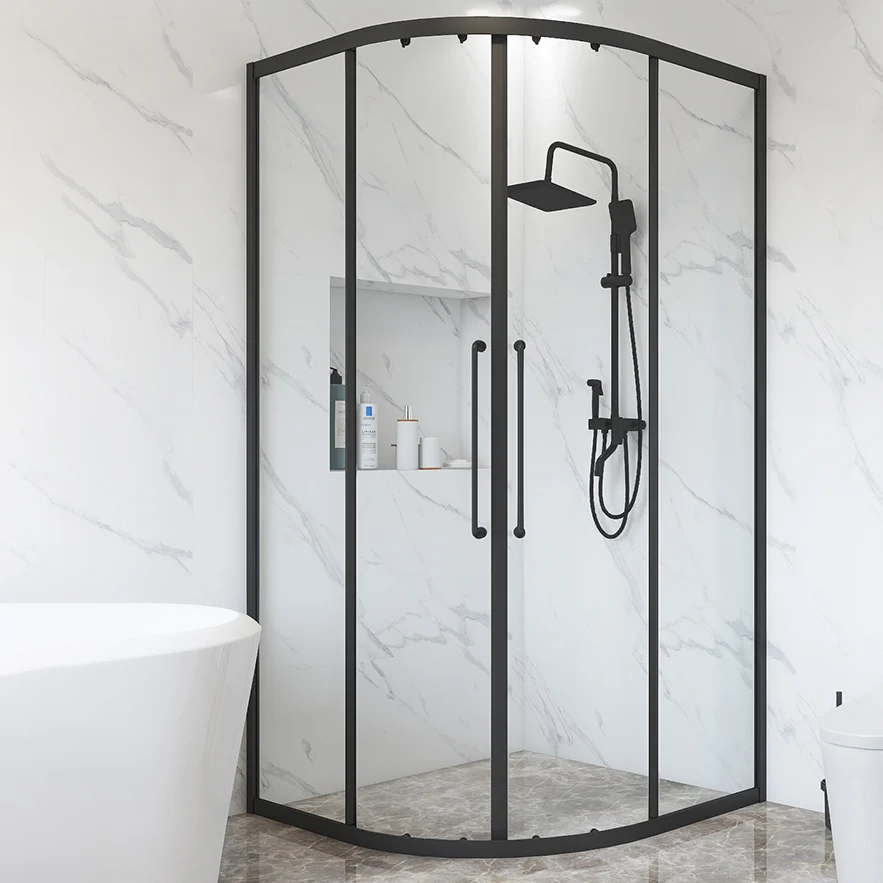 Cabina de ducha redondeada en negro mate con mampara de ducha transparente enmarcada Clearhalo