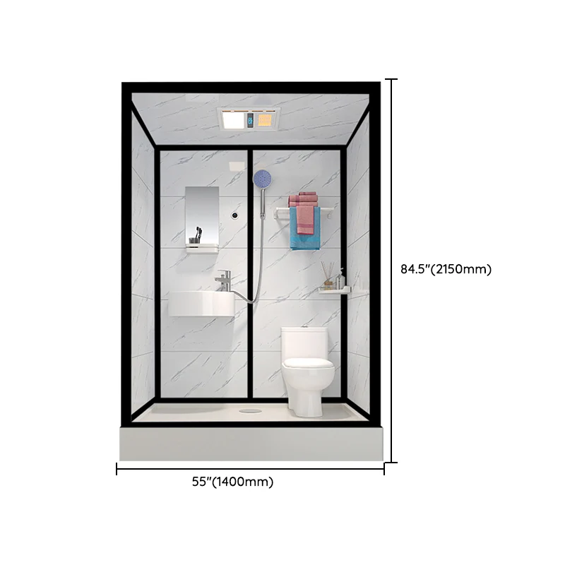 Cabina de ducha de vidrio templado Cabina de ducha negra con barra para toallas y luz Clearhalo