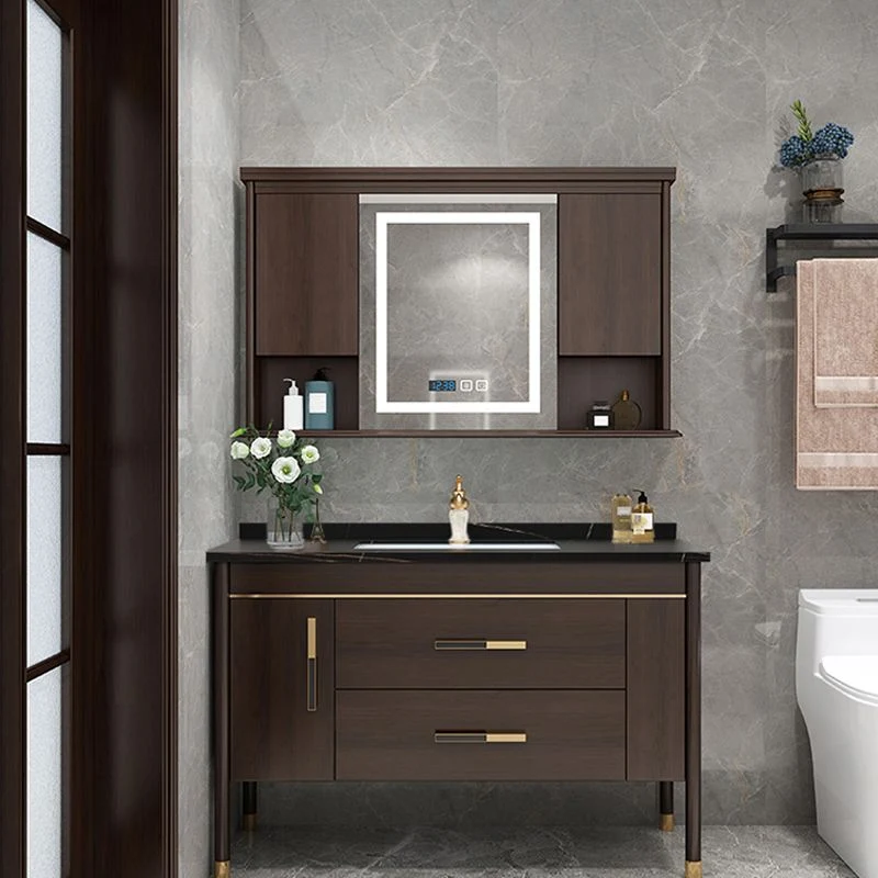Cajones de tocador de baño con marco de madera, lavabo individual, tocador independiente rectangular con espejo Clearhalo