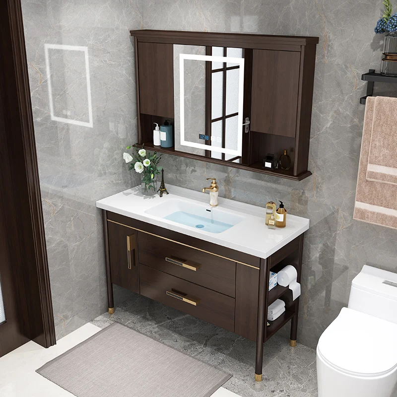 Cajones de tocador de baño con marco de madera, lavabo individual, tocador independiente rectangular con espejo Clearhalo