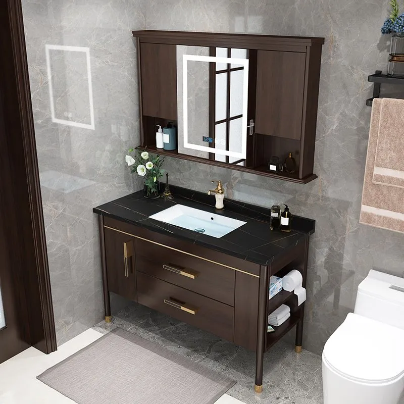 Cajones de tocador de baño con marco de madera, lavabo individual, tocador independiente rectangular con espejo Clearhalo