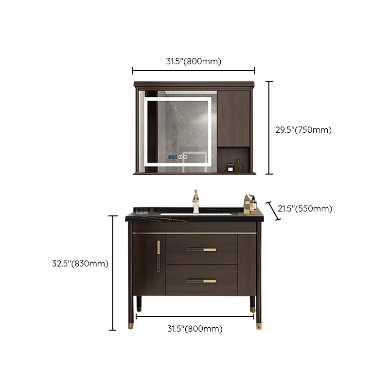 Cajones de tocador de baño con marco de madera, lavabo individual, tocador independiente rectangular con espejo Clearhalo