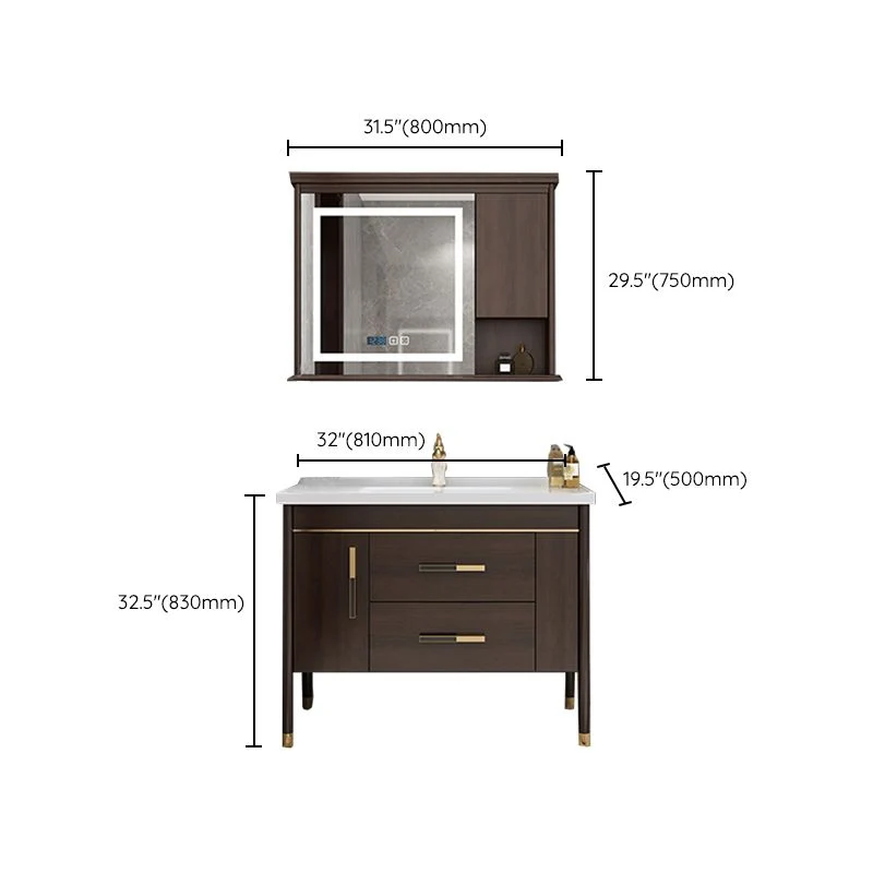 Cajones de tocador de baño con marco de madera, lavabo individual, tocador independiente rectangular con espejo Clearhalo