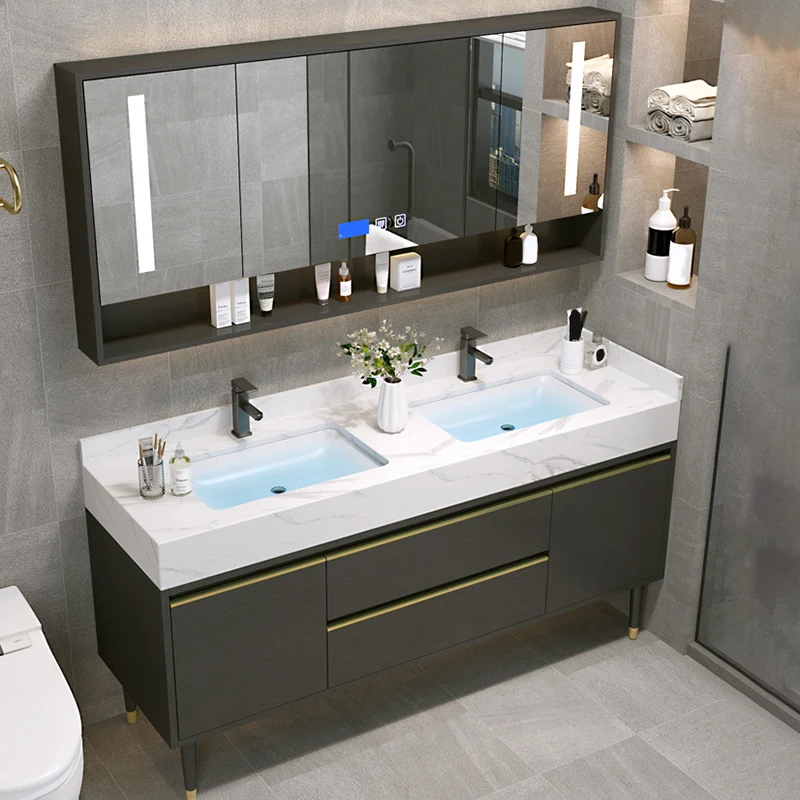 Cajones de tocador con marco de metal, juego de tocador de baño con espejo negro rectangular y 2 puertas Clearhalo