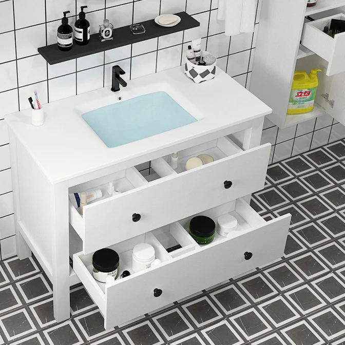 Cajones de tocador independientes, lavabo individual, marco de madera rectangular, tocador de baño con espejo Clearhalo
