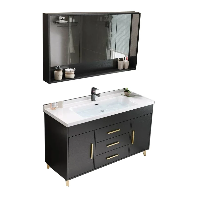 Consola abierta moderna de madera maciza negra con lavabo individual y juego de lavabo Clearhalo