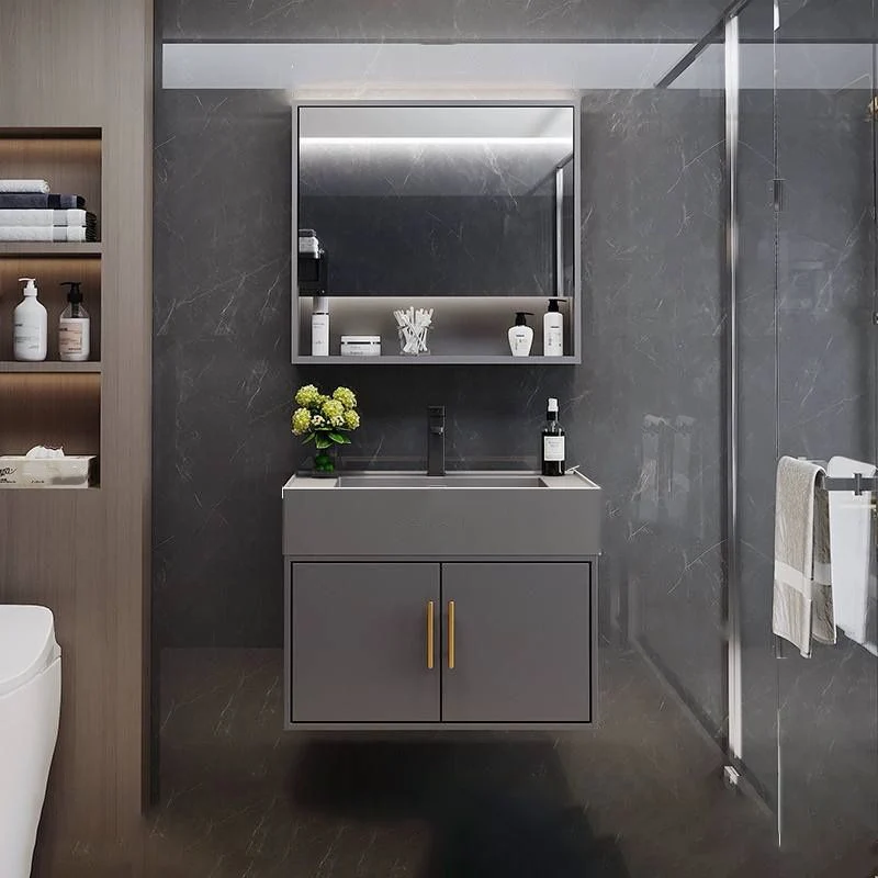 Consola abierta moderna de un solo lavabo para montaje en pared gris con juego de lavabo Clearhalo