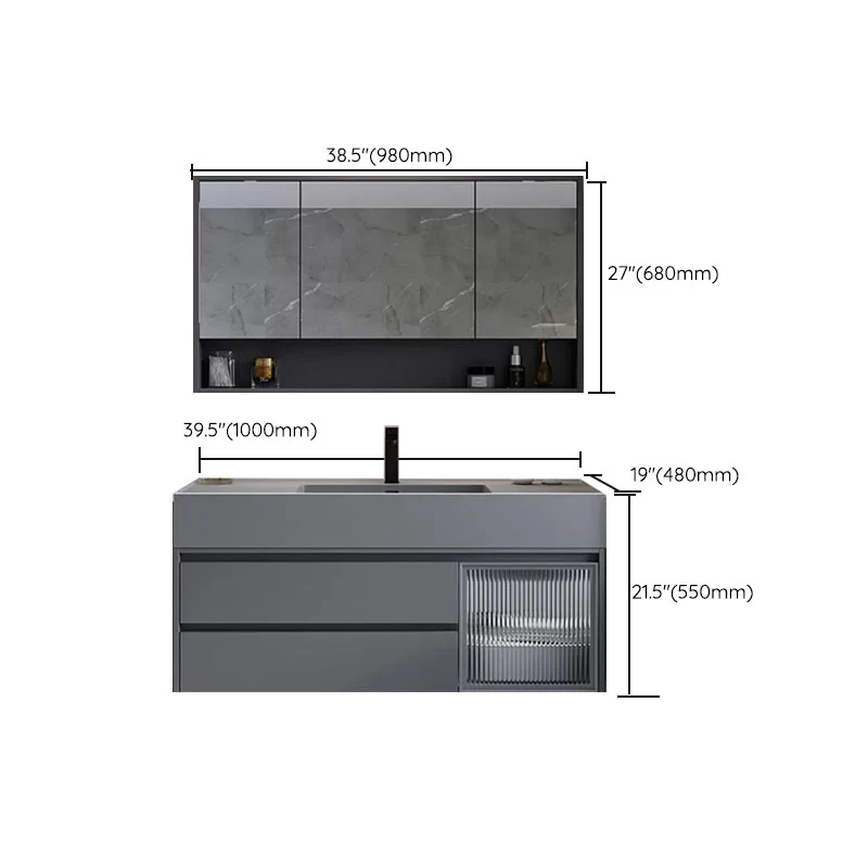 Consola abierta de un solo lavabo, moderna, estándar, montada en la pared, color gris, con juego de lavabo Clearhalo