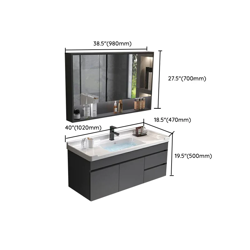 Consola abierta de un solo lavabo, moderna, gris, de madera maciza, con juego de lavabo Clearhalo