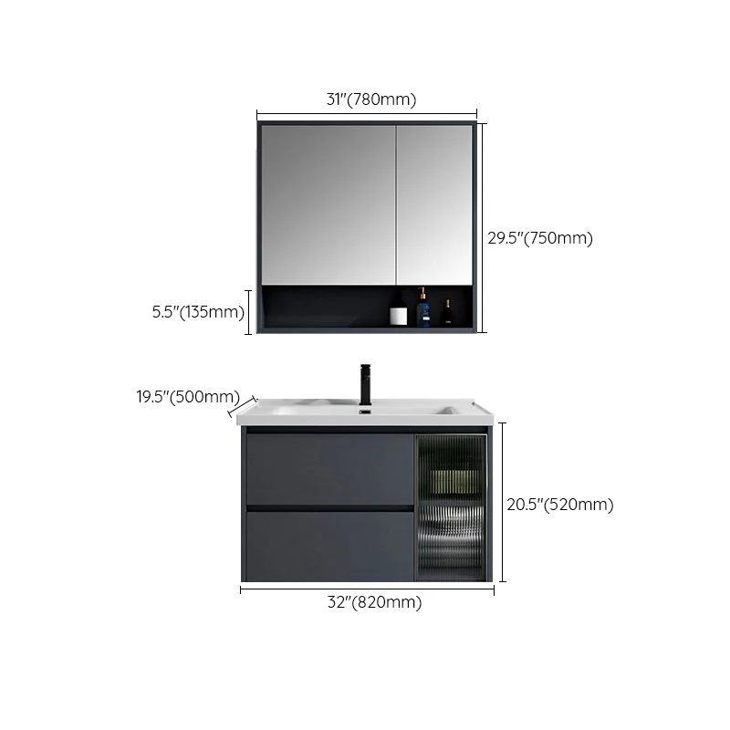 Espejo de tocador con 2 cajones, lavabo individual, montaje en pared, tocador de baño rectangular con puerta Clearhalo