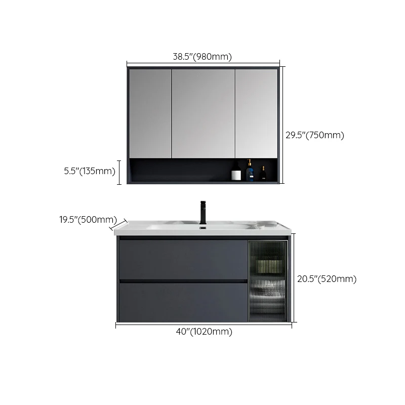 Espejo de tocador con 2 cajones, lavabo individual, montaje en pared, tocador de baño rectangular con puerta Clearhalo