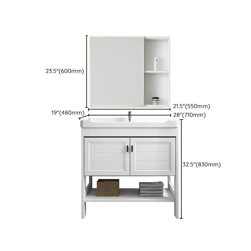 Espejo de tocador independiente, 2 puertas, lavabo individual, estantes rectangulares blancos, tocador incluido Clearhalo