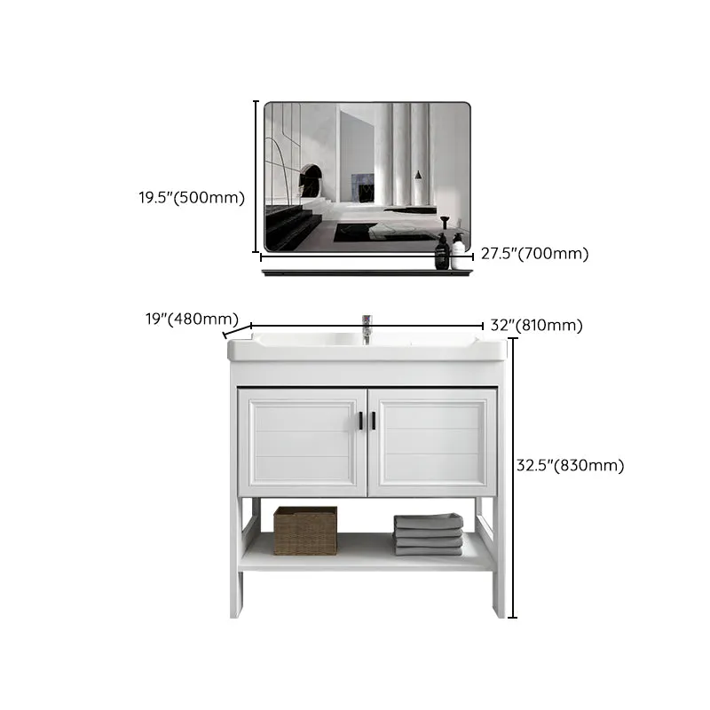 Espejo de tocador independiente, 2 puertas, lavabo individual, estantes rectangulares blancos, tocador incluido Clearhalo