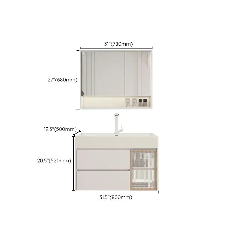 Espejo de tocador para baño blanco, lavabo individual rectangular, montaje en pared, tocador con 2 cajones y puerta Clearhalo