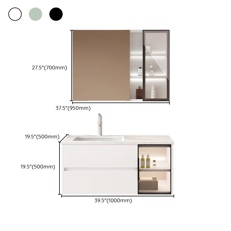 Espejo de tocador para baño montado en la pared, lavabo individual, tocador de baño rectangular con 2 cajones Clearhalo