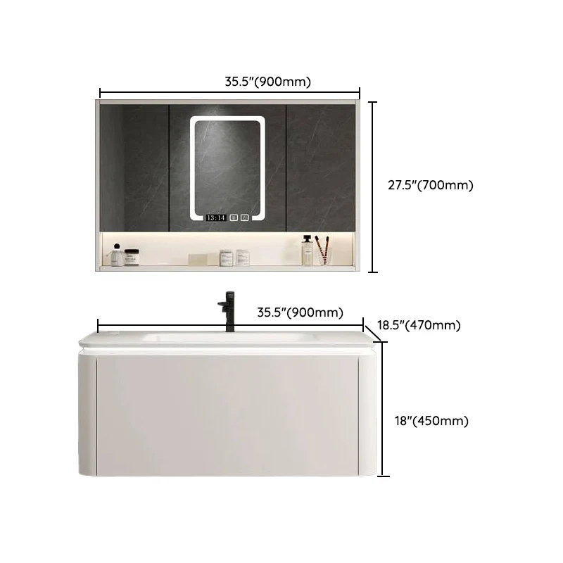 Espejo de tocador para baño montado en la pared, cajón, lavabo individual, rectangular de madera en blanco Clearhalo