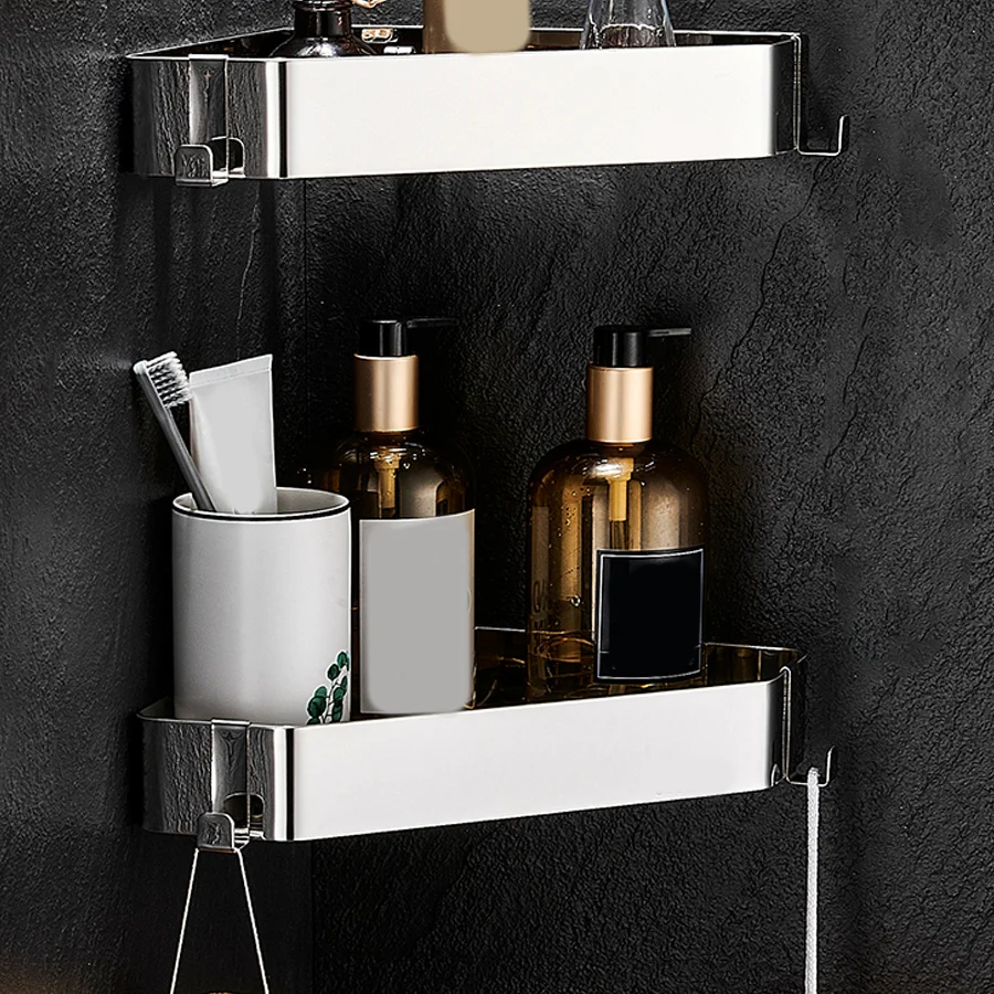 Estante de baño triangular contemporáneo, juego de baño de acero inoxidable con ganchos para batas Clearhalo