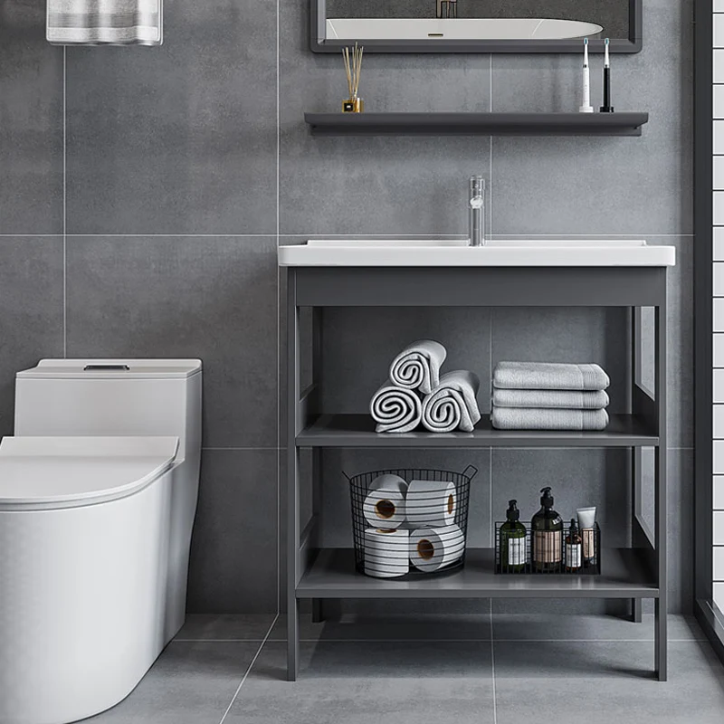 Estándar independiente con base metálica de tocador de baño moderno con tocador de lavabo con espejo Clearhalo