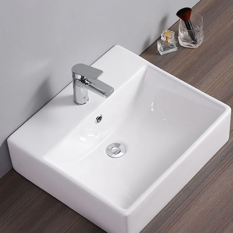 Fregadero del baño Fregadero de un orificio de cerámica con desbordamiento rectangular blanco con grifo Clearhalo