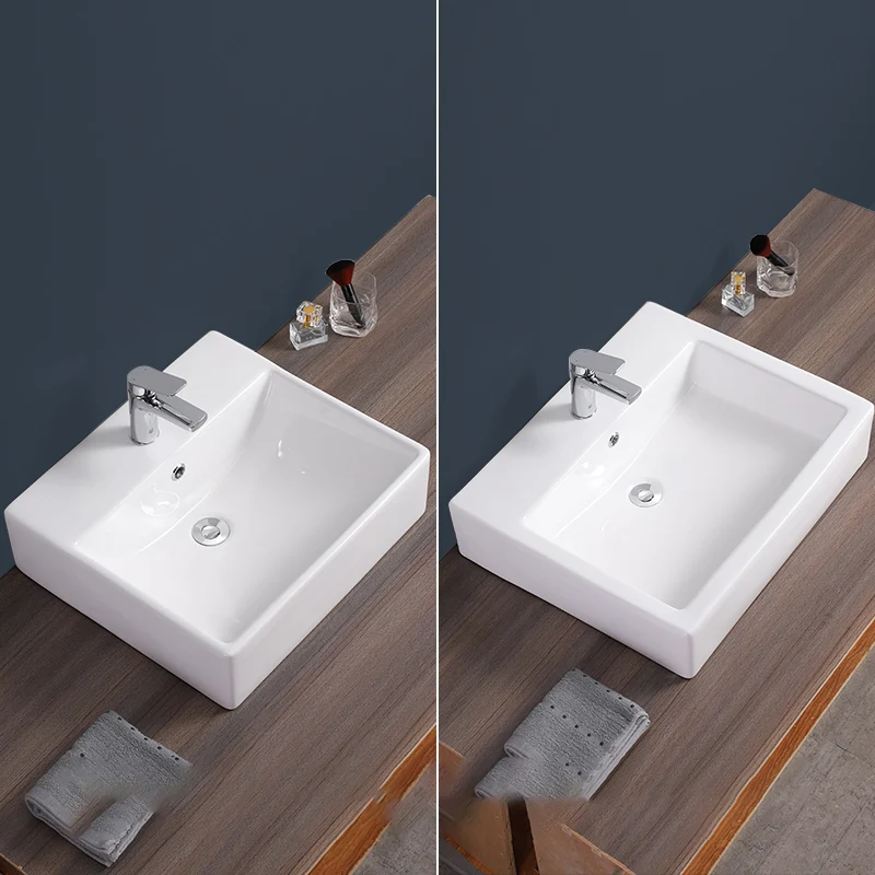 Fregadero del baño Fregadero de un orificio de cerámica con desbordamiento rectangular blanco con grifo Clearhalo