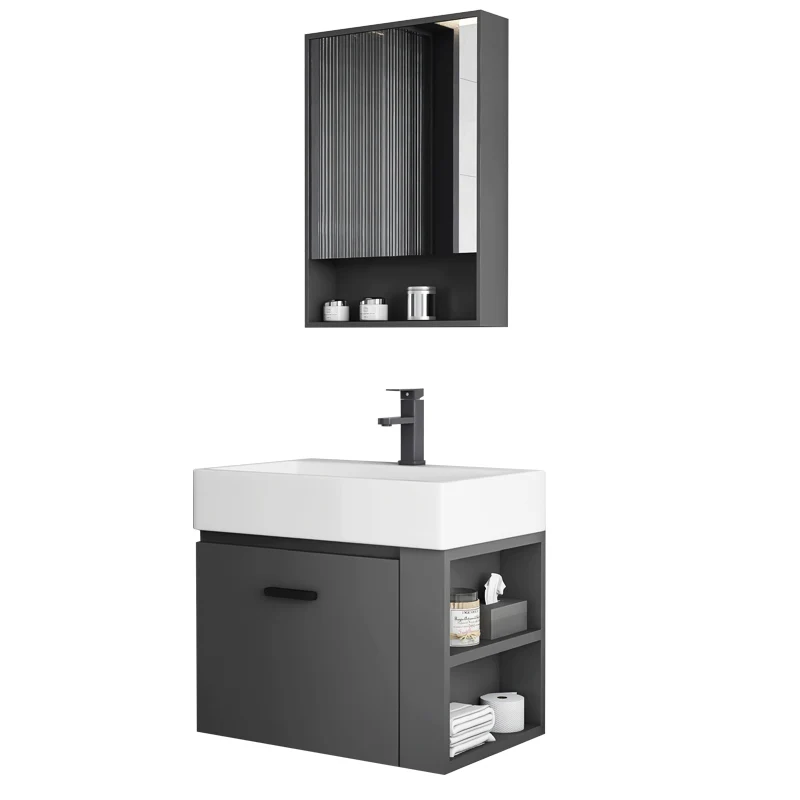 Fregadero de tocador de montaje en pared con lavabo individual de cerámica gris oscuro moderno Clearhalo