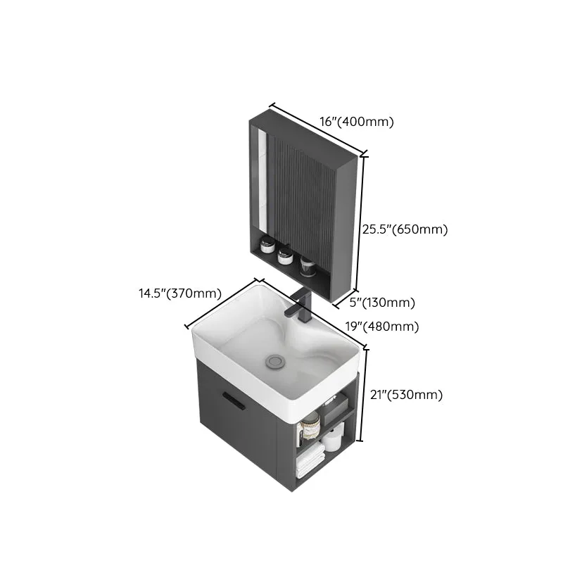 Fregadero de tocador de montaje en pared con lavabo individual de cerámica gris oscuro moderno Clearhalo