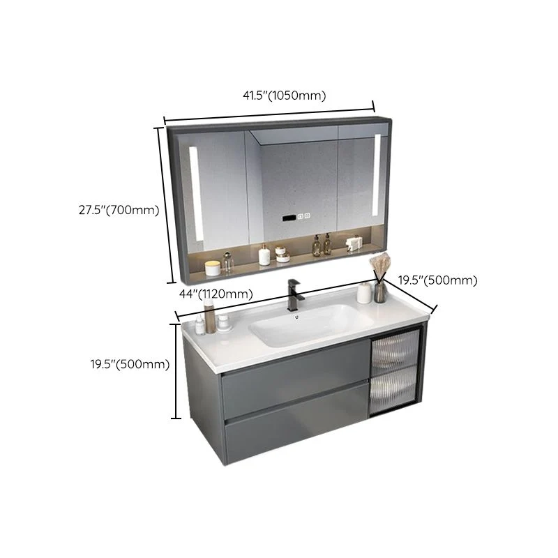 Gabinete de tocador de baño montado en la pared con espejo y lavabo de tocador gris moderno con cajones Clearhalo