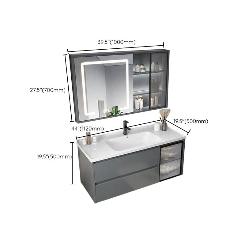 Gabinete de tocador de baño montado en la pared con espejo y lavabo de tocador gris moderno con cajones Clearhalo