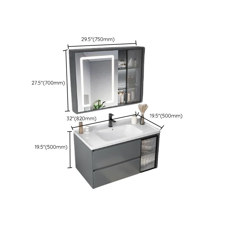 Gabinete de tocador de baño montado en la pared con espejo y lavabo de tocador gris moderno con cajones Clearhalo