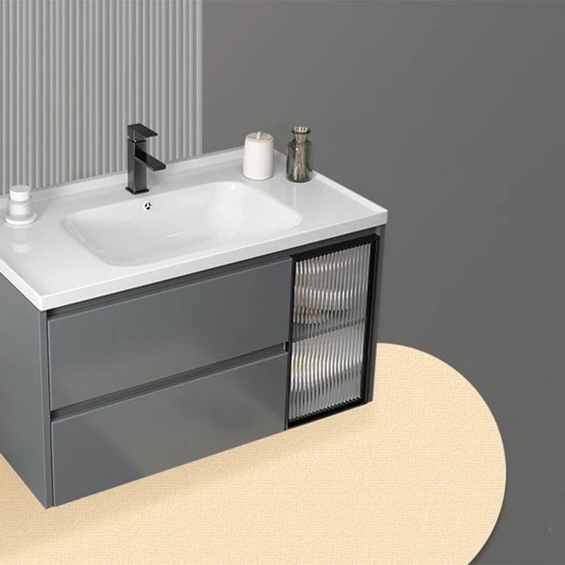 Gabinete de tocador de baño montado en la pared con espejo y lavabo de tocador gris moderno con cajones Clearhalo