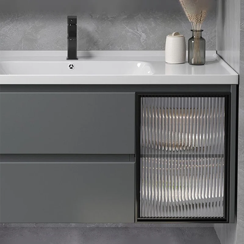 Gabinete de tocador de baño montado en la pared con espejo y lavabo de tocador gris moderno con cajones Clearhalo