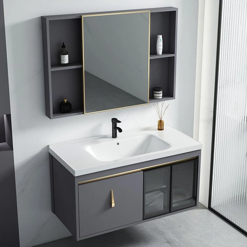 Gabinete de tocador de baño montado en la pared con lavabo de tocador gris contemporáneo Clearhalo