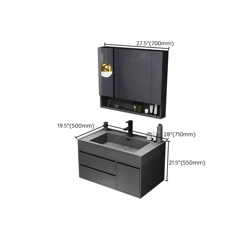 Grifo de tocador para baño, marco de madera gris, espejo, 2 cajones, lavabo individual rectangular Clearhalo