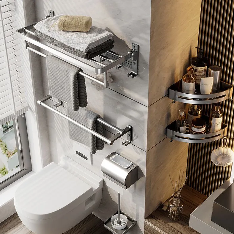 Juego de accesorios de baño de aluminio gris, estante de baño contemporáneo Clearhalo