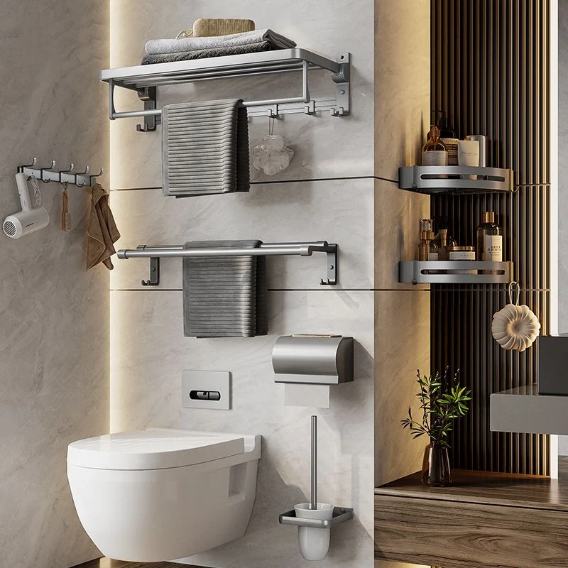 Juego de accesorios de baño de aluminio gris, estante de baño contemporáneo Clearhalo