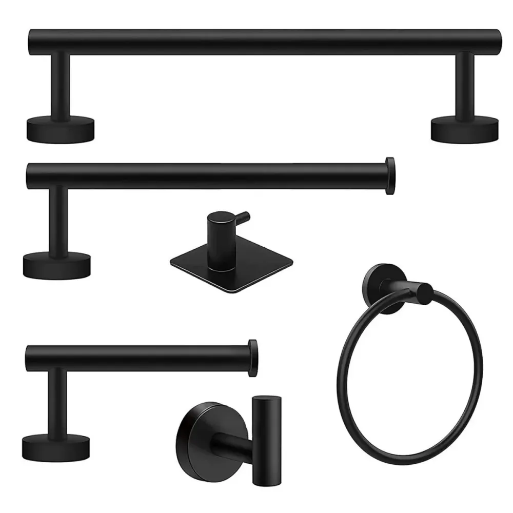 Juego de accesorios de baño de color negro mate, barra de toalla de acero inoxidable, soporte para papel y ganchos para ba...