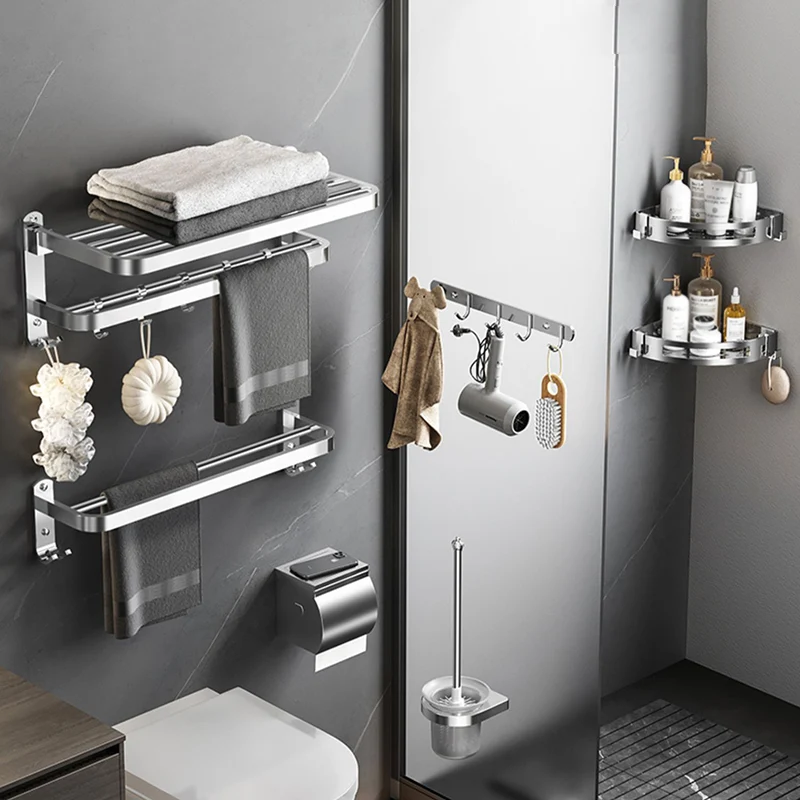 Juego de accesorios de baño contemporáneo de cromo pulido con barra para toallas y estante para baño Clearhalo