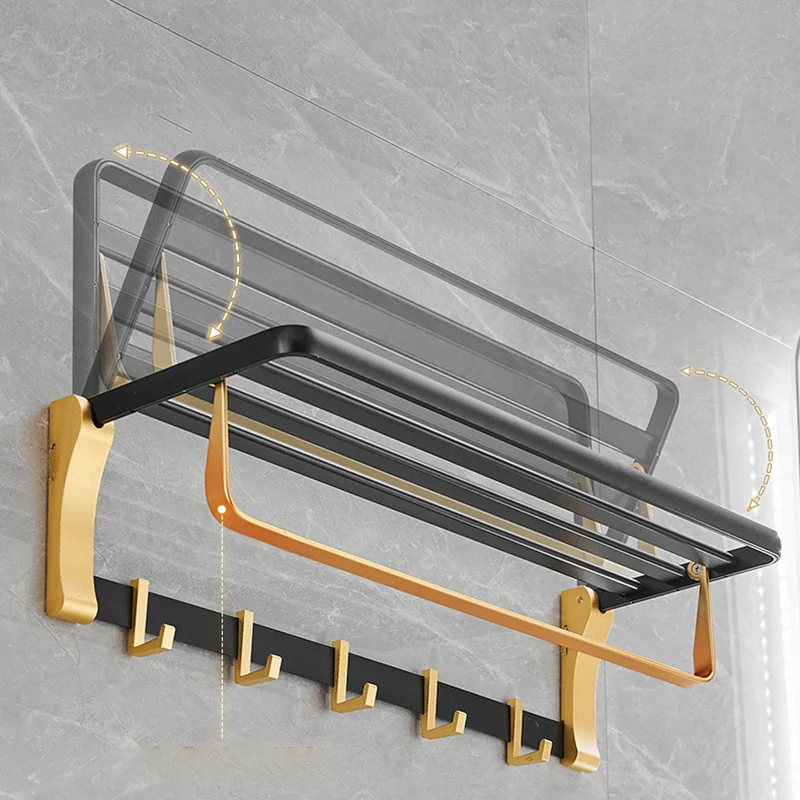 Juego de accesorios de baño contemporáneo, estante de baño/toallero negro y dorado Clearhalo