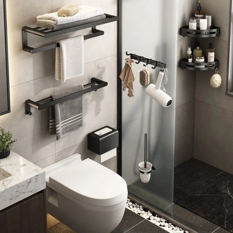 Juego de accesorios de baño contemporáneo, juego de baño negro mate con ganchos para bata/barra para toallas Clearhalo