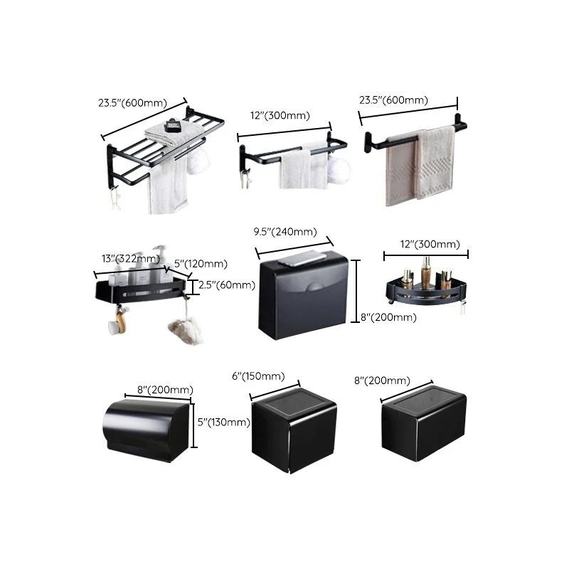Juego de accesorios de baño contemporáneo de 8 piezas, estante de baño negro mate/portapapeles/ganchos para bata Clearhalo
