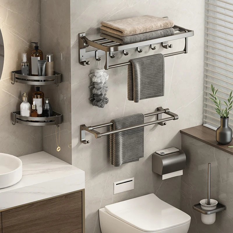 Juego de accesorios de baño contemporáneos Kit de accesorios de baño de aluminio gris Clearhalo