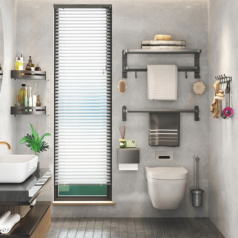 Juego de accesorios de baño gris contemporáneo con estante para baño, toallero, ganchos para bata y soporte para papel Cle...