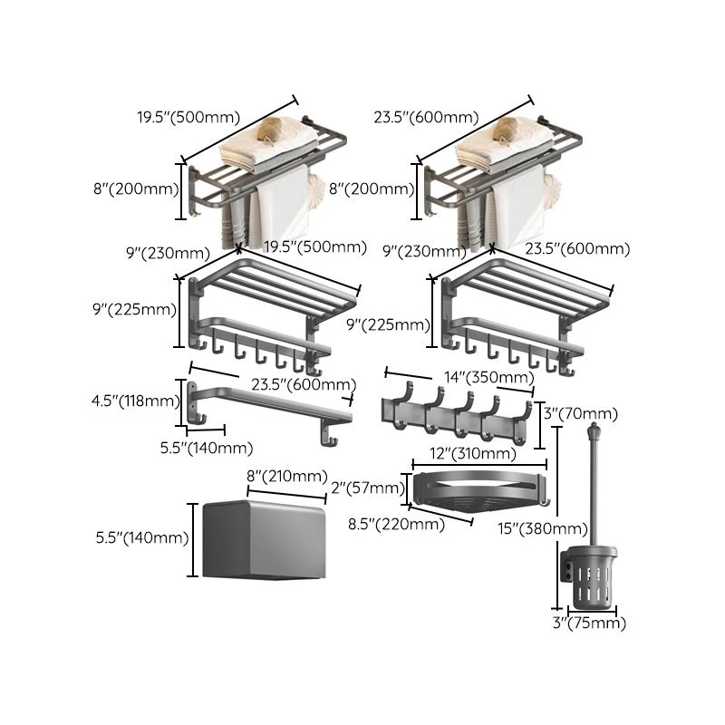 Juego de accesorios de baño gris contemporáneo con estante para baño, toallero, ganchos para bata y soporte para papel Cle...