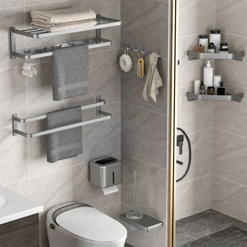 Juego de accesorios de baño gris moderno, toallero, soporte de papel, kit de accesorios de baño Clearhalo