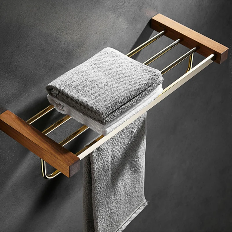 Juego de accesorios de baño de latón pulido, juego de baño de metal y madera con estante para baño/barra para toallas Clea...