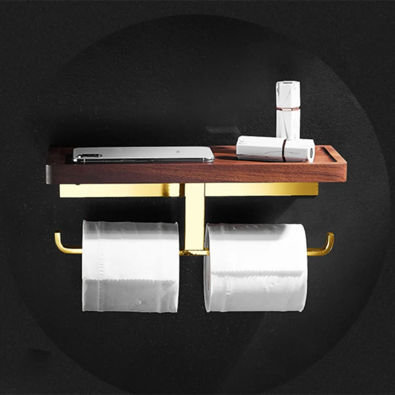 Juego de accesorios de baño de latón pulido, juego de baño de metal y madera con estante para baño/barra para toallas Clea...