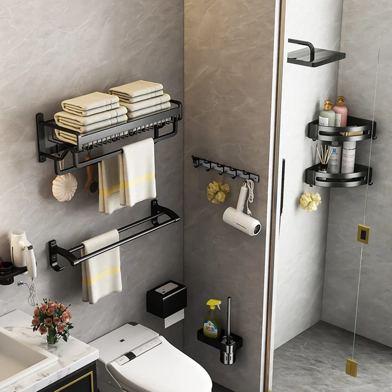 Juego de accesorios de baño de metal negro moderno Juego de accesorios de baño con barra de toalla Clearhalo