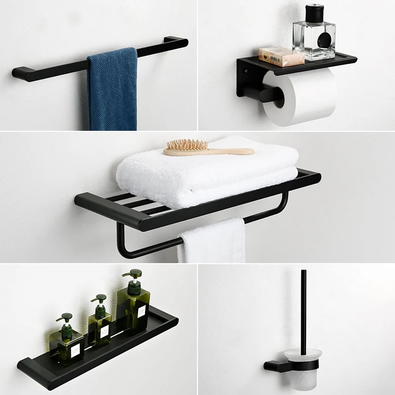 Juego de accesorios de baño minimalista negro Barra para toallas de metal estilo moderno Clearhalo
