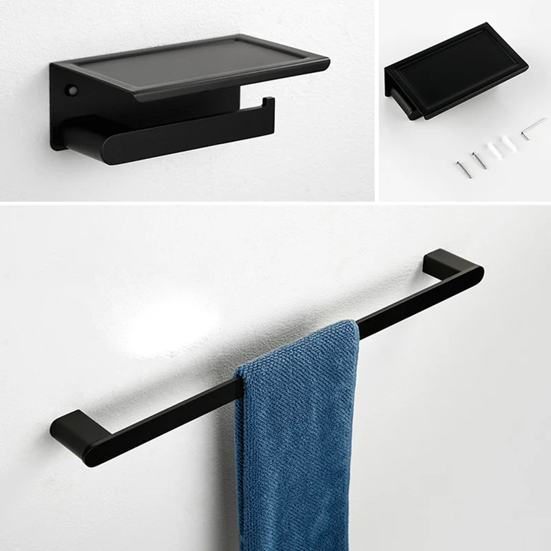 Juego de accesorios de baño minimalista negro Barra para toallas de metal estilo moderno Clearhalo