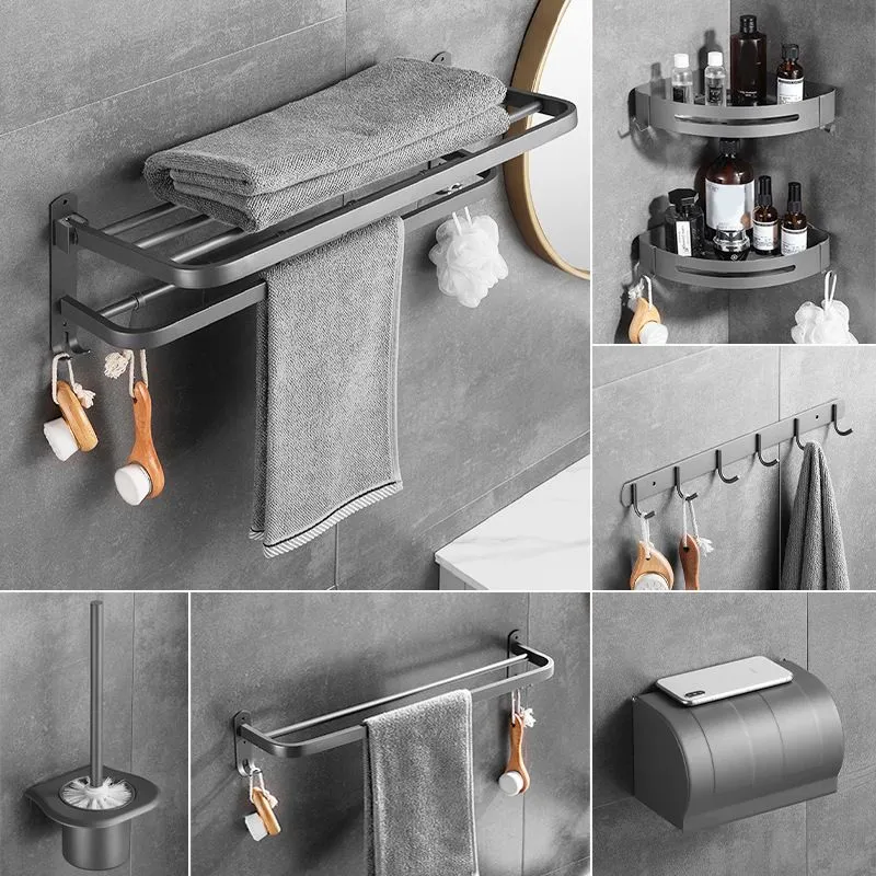 Juego de accesorios de baño moderno en acero inoxidable, ganchos para batas/barra para toallas, color gris mate Clearhalo